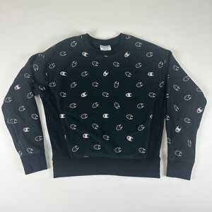 Champion Reverse Weave All Over Print Sweatshirt Pullover Crew Neck Black Medium